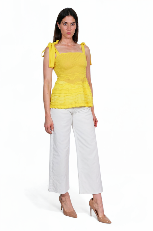 M Missoni Yellow Bow-Tie Shoulder Peplum Top