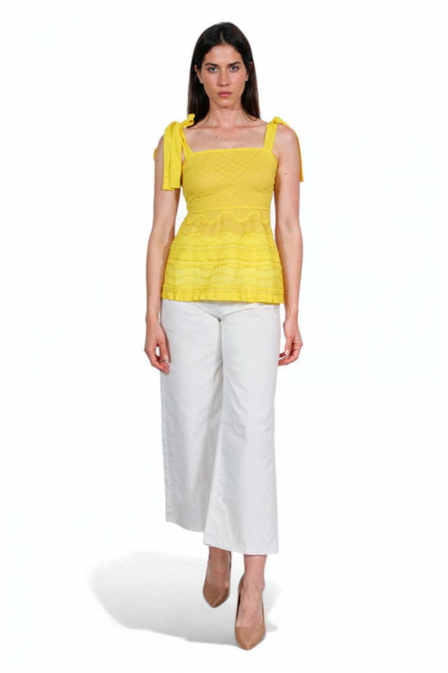 M Missoni Yellow Bow-Tie Shoulder Peplum Top