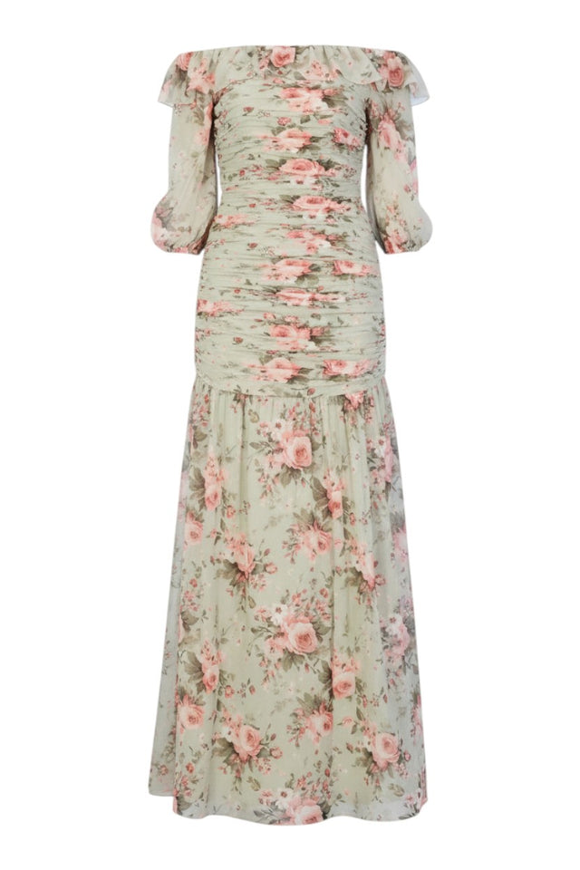 MSA Haute Couture sage green floral off-shoulder midi dress with ruched bodice and ruffle neckline.