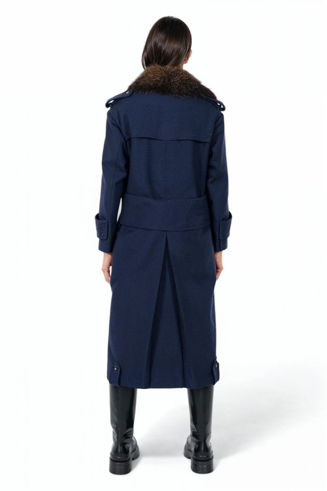 Valentino Navy Double-Breasted Wool Coat with Fur Collar