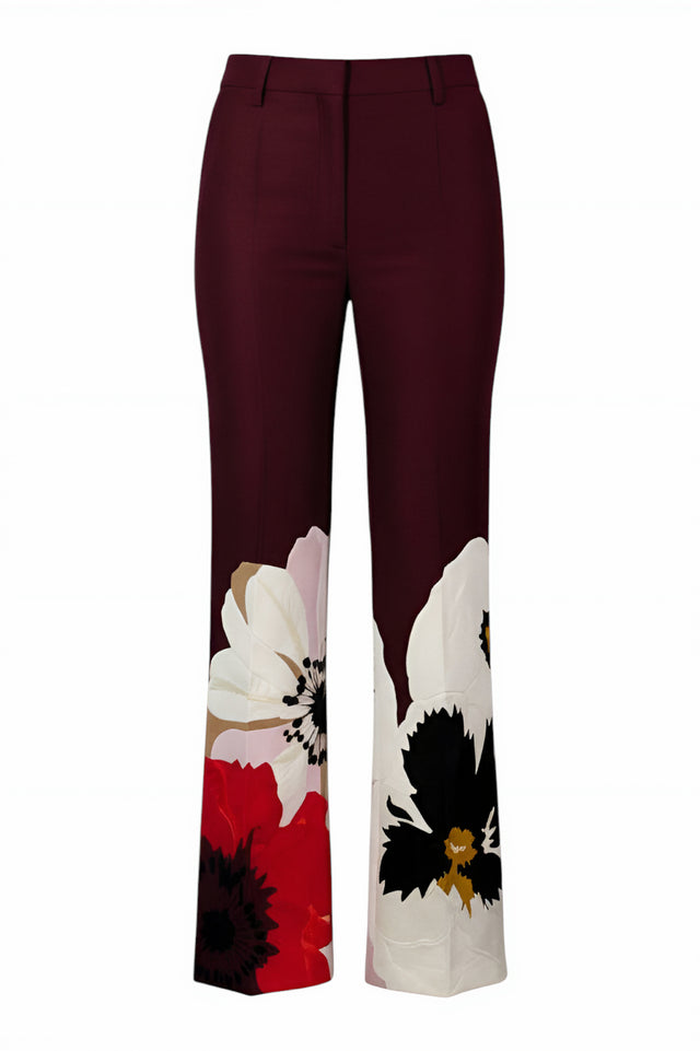 Valentino Maroon Floral Wide-Leg Pants