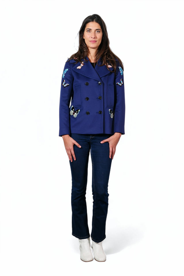 Valentino Butterfly Embroidered Wool Peacoat in Royal Blue