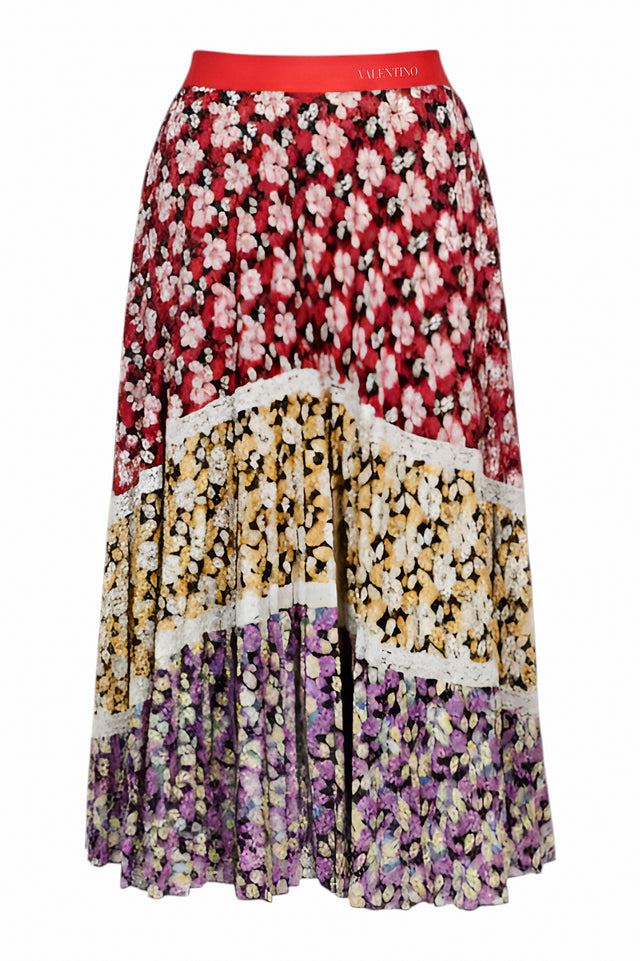 Valentino Multicolor Floral Patchwork Pleated Skirt