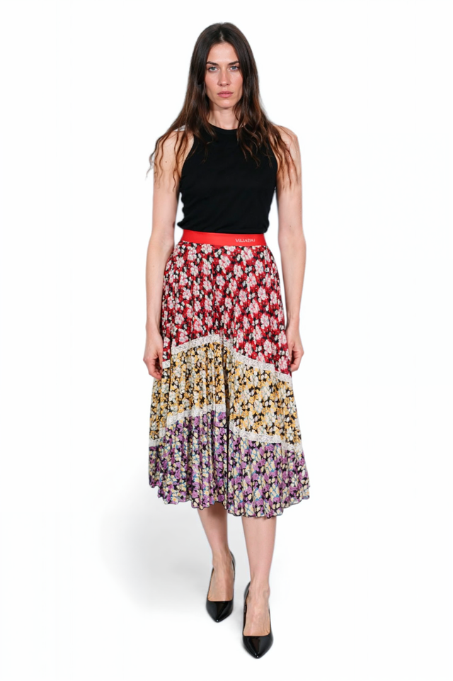 Valentino Multicolor Floral Patchwork Pleated Skirt