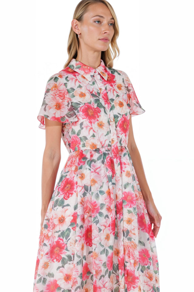 Mikael Aghal Pink & White Floral Belted Shirt Dress