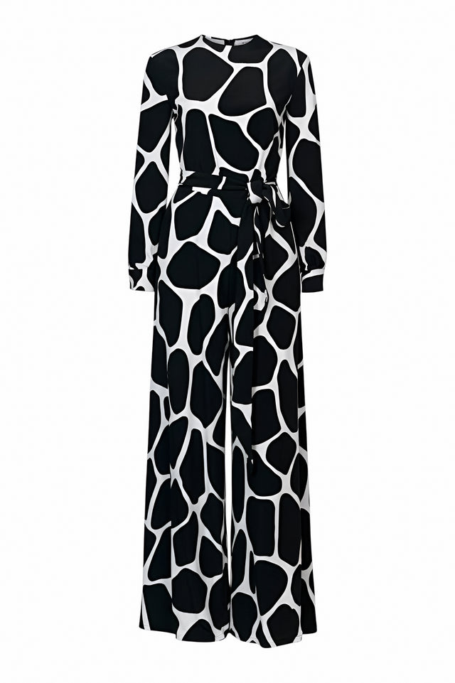 Valentino black and white abstract print jumpsuit, front product view — long-sleeve wide-leg designer piece with waist tie.