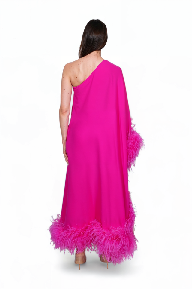Valentino fuchsia one-shoulder gown, back view on model — ostrich feather trim and flowing hemline.