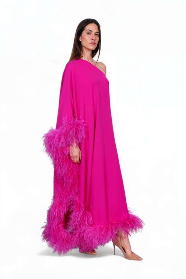Valentino fuchsia feather-trim gown, side view on model — one-shoulder silhouette, luxury designer dress.