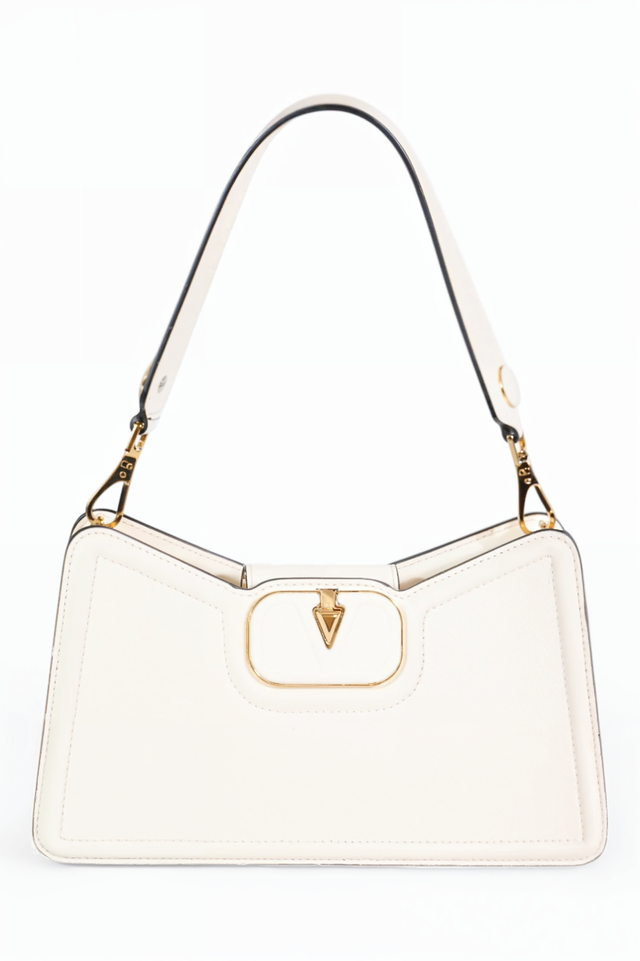 Valentino Garavani VLogo Moon shoulder bag in white leather, front view — gold-tone logo clasp and structured silhouette.