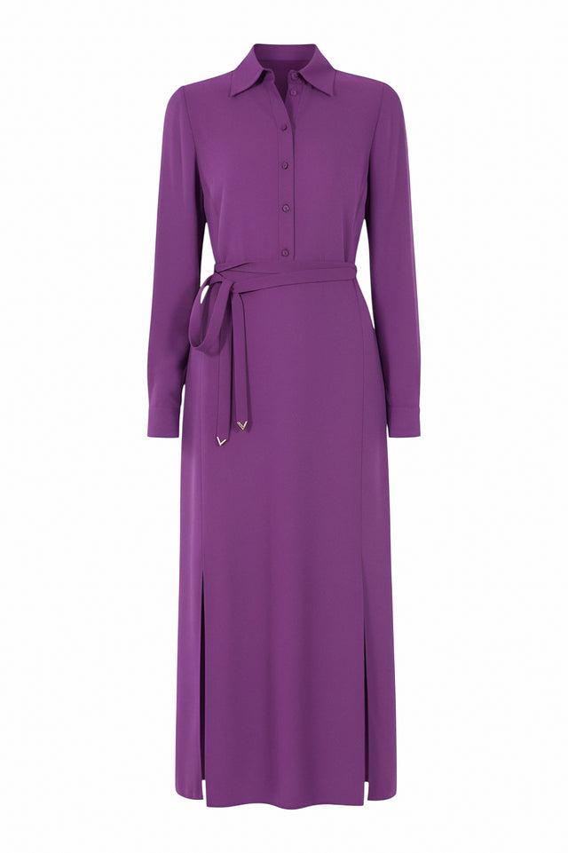 Valentino purple button-down maxi dress, front product view — collared neckline with waist tie and long sleeves.