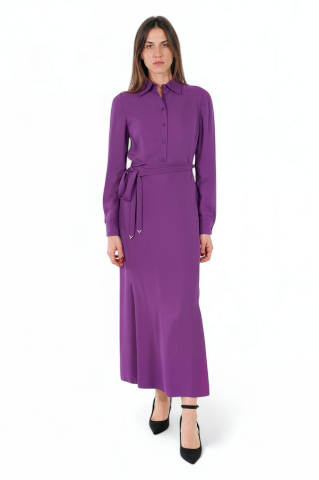 Valentino purple button-down maxi dress, front view on model — elegant collared neckline and flowy skirt.