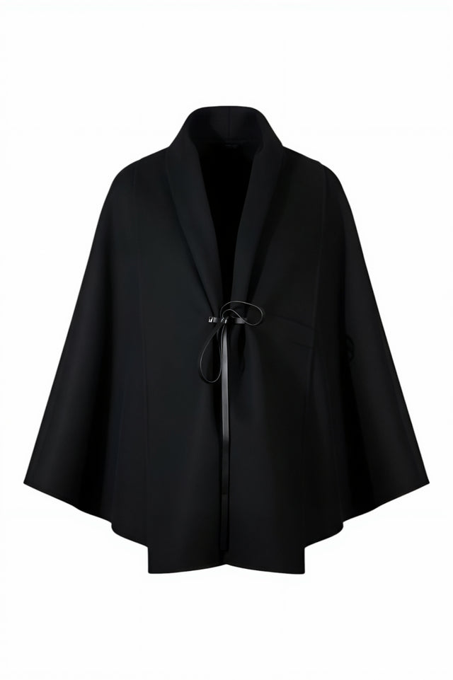 Valentino Black Wool-Crepe Cape with Leather Tie Detail