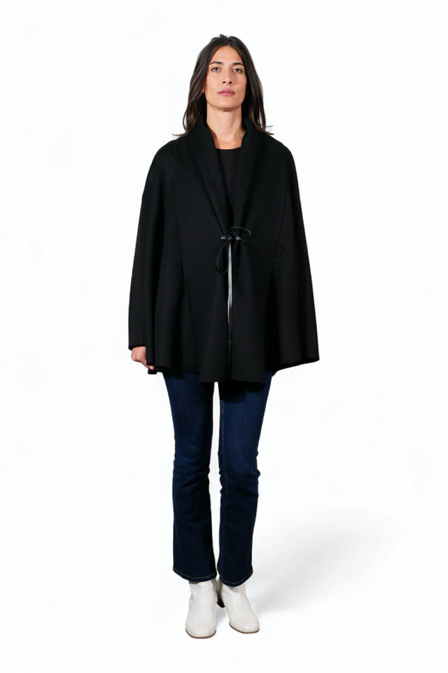 Valentino Black Wool-Crepe Cape with Leather Tie Detail