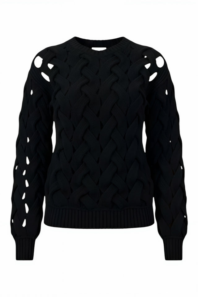 Valentino Black Braided Cutout Wool Sweater