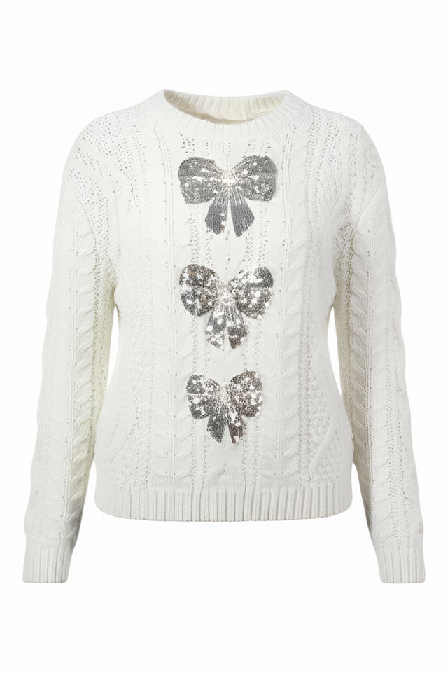 Valentino Sequin Bow Cable-Knit Wool Sweater