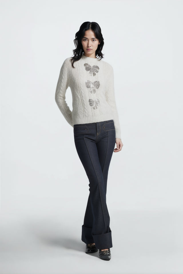 Valentino Sequin Bow Cable-Knit Wool Sweater
