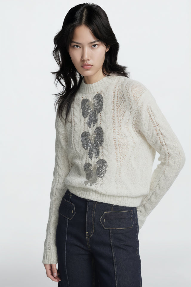 Valentino Sequin Bow Cable-Knit Wool Sweater
