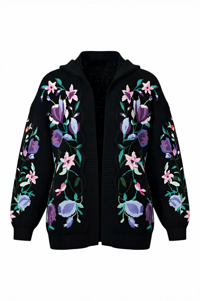 Valentino Floral Embroidered Hooded Wool Cardigan