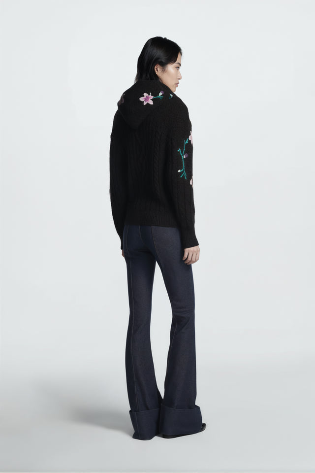 Valentino Floral Embroidered Hooded Wool Cardigan