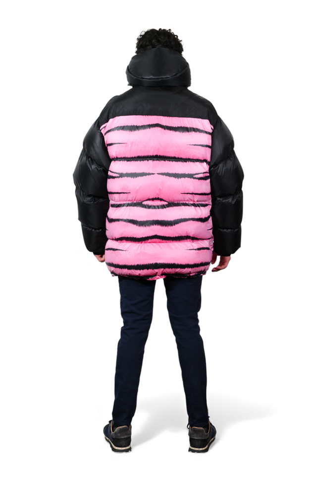 Valentino Black & Pink Down Puffer Coat with Graphic Paneling