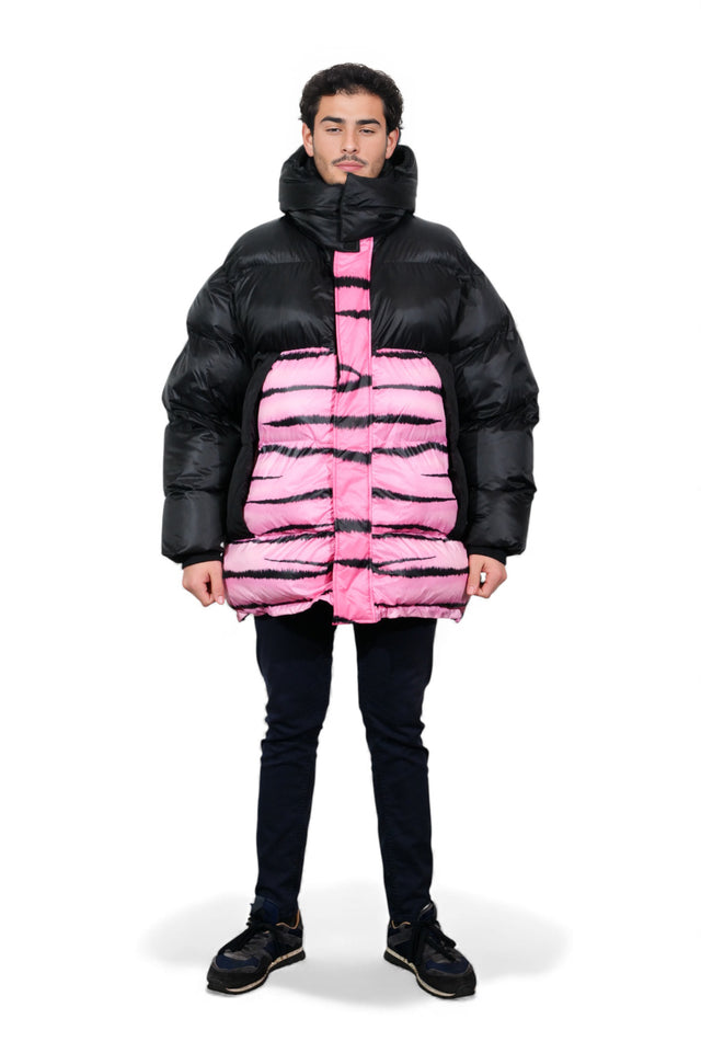 Valentino Black & Pink Down Puffer Coat with Graphic Paneling