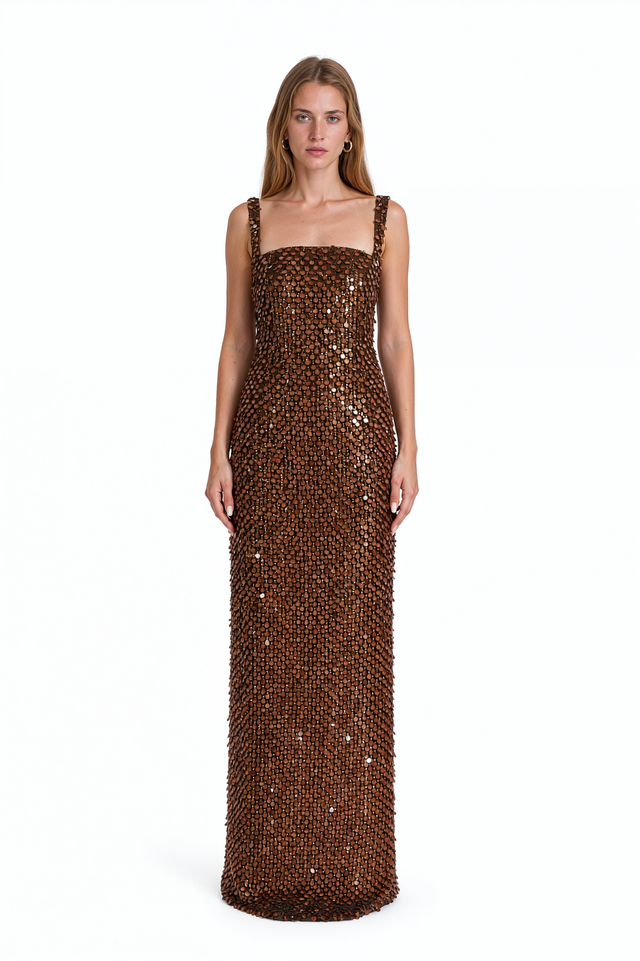 Valentino brown paillette embellished column gown with square neckline and wide straps – front view