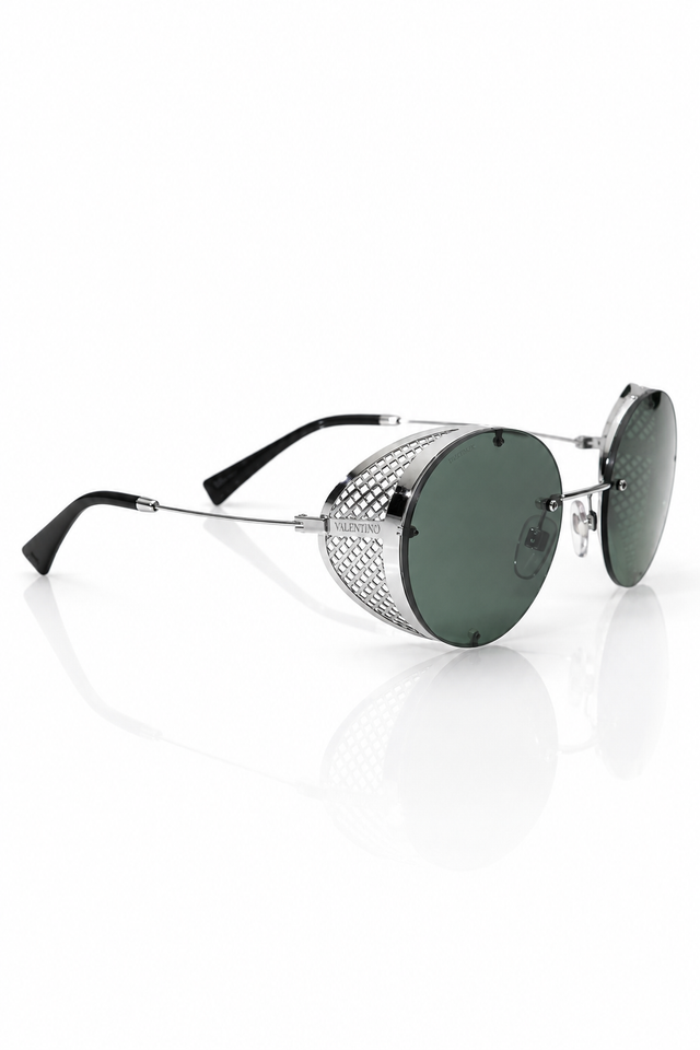 Valentino Garavani Round Metal Shield Sunglasses with Leather Carry Case