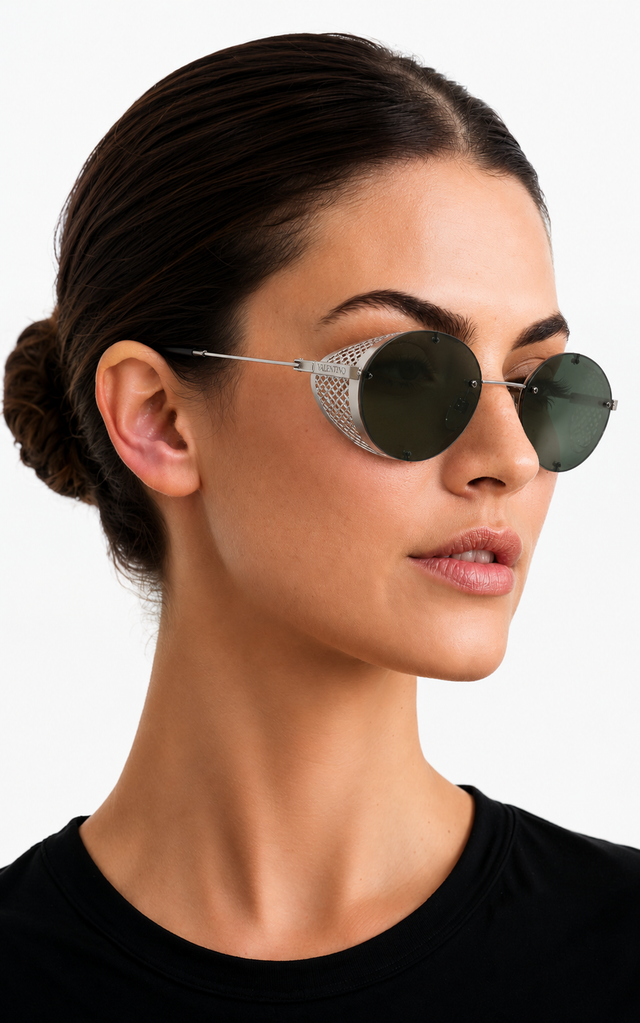 Valentino Garavani Round Metal Shield Sunglasses with Leather Carry Case