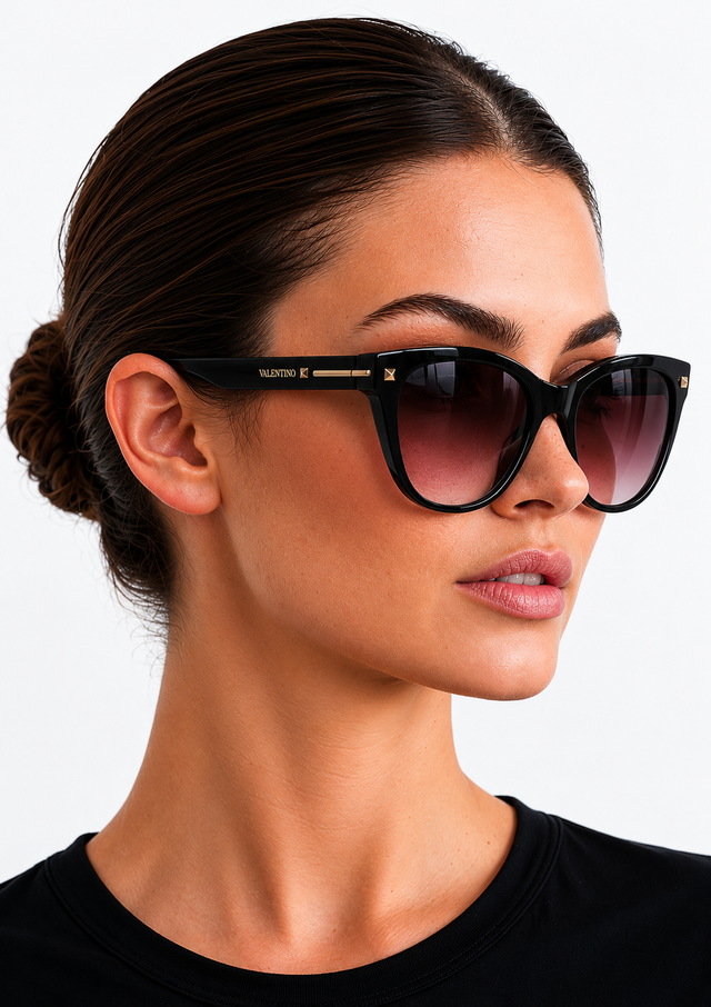 Valentino Garavani Rockstud Cat-Eye Sunglasses – Black Frame / Rose Gradient Lens