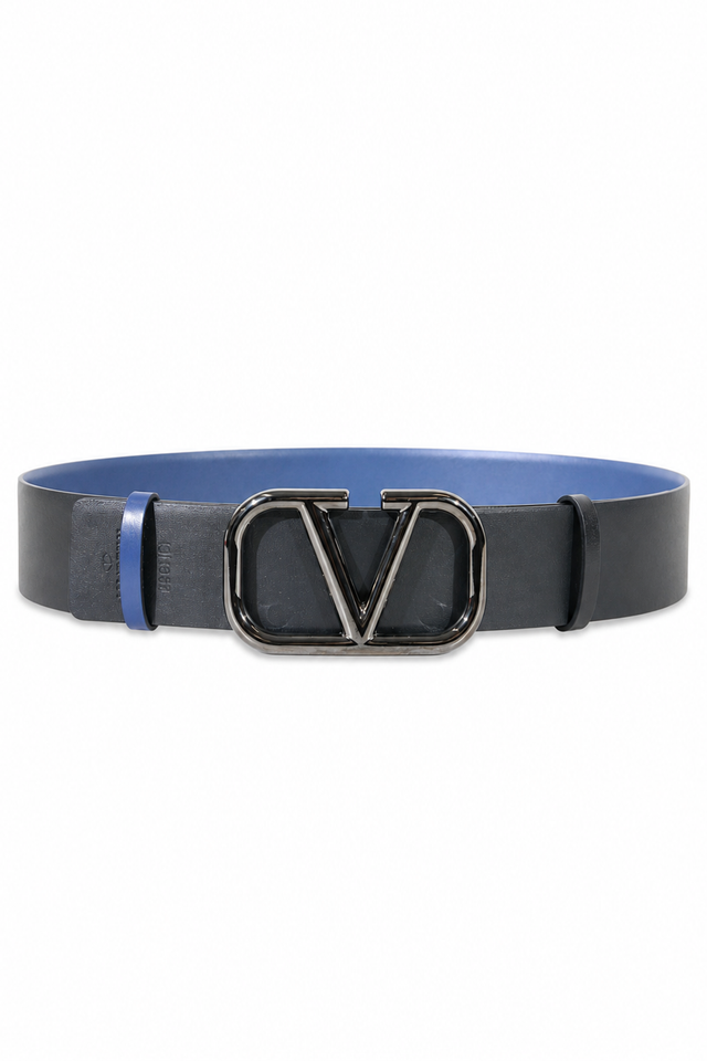 Valentino Garavani VLogo Reversible Leather Belt in Cornflower Blue & Black