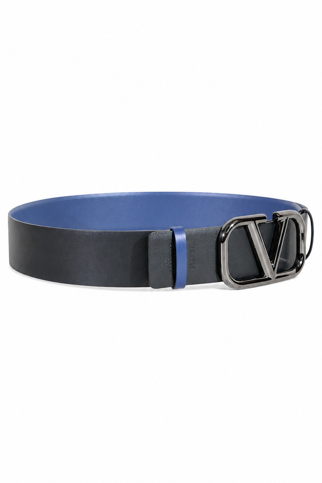 Valentino Garavani VLogo Reversible Leather Belt in Cornflower Blue & Black