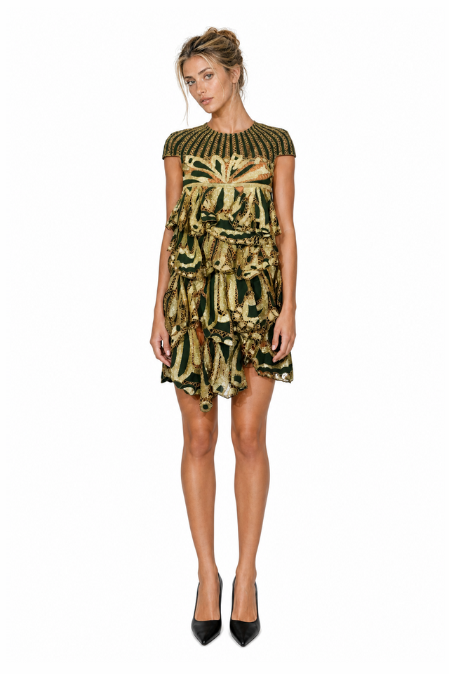 Valentino Tiered Butterfly-Lace Cap-Sleeve Mini Dress in Olive Green & Gold