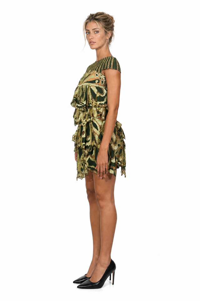 Valentino Tiered Butterfly-Lace Cap-Sleeve Mini Dress in Olive Green & Gold