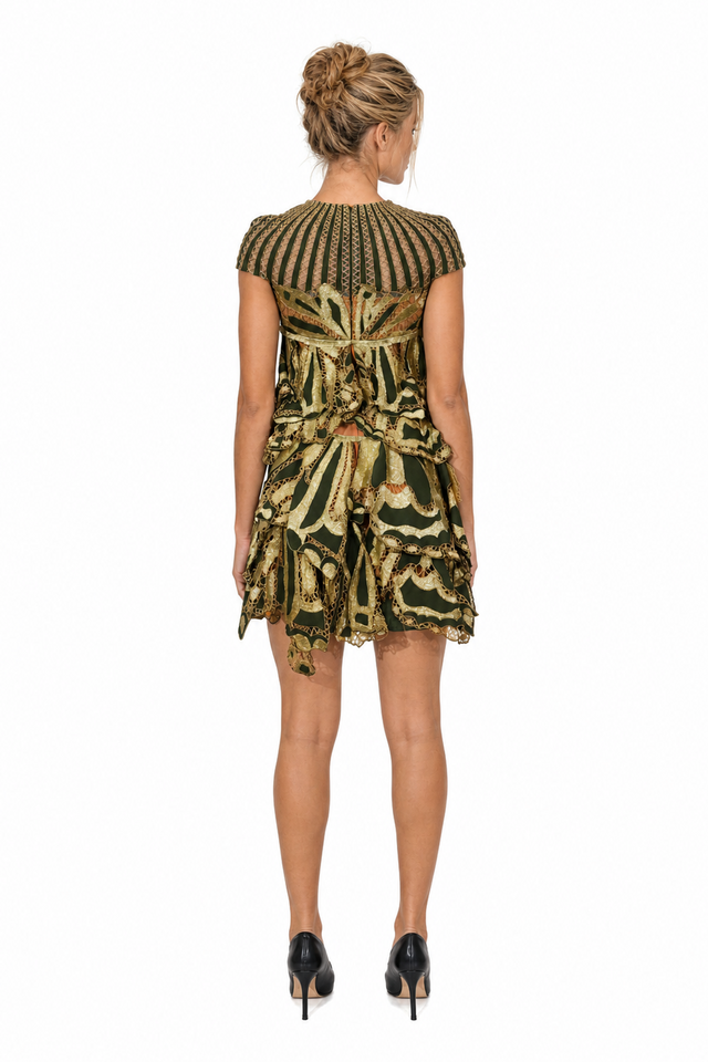 Valentino Tiered Butterfly-Lace Cap-Sleeve Mini Dress in Olive Green & Gold