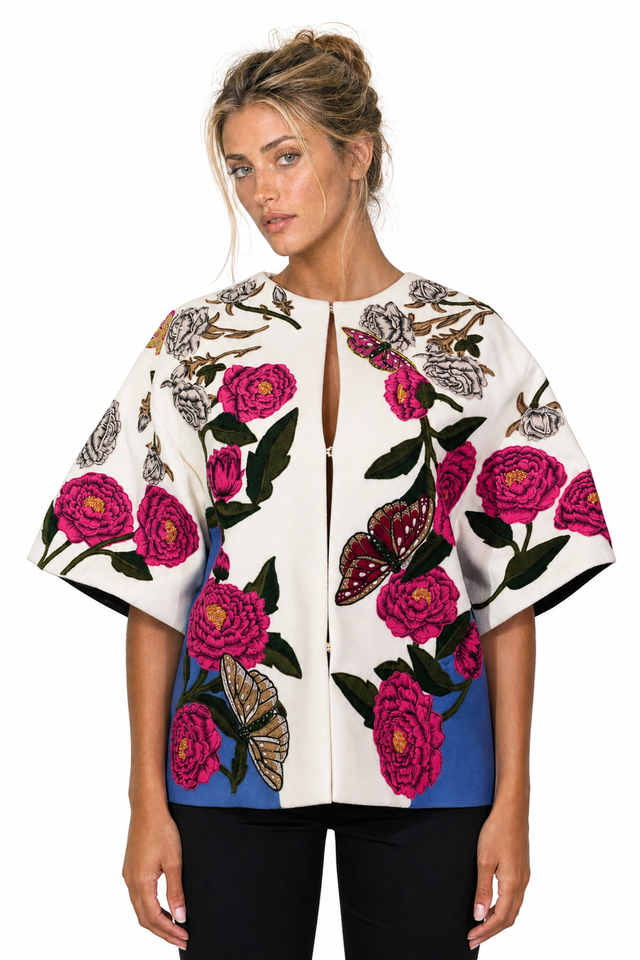 Valentino Floral & Butterfly Embroidered Double-Face Wool Cape-Jacket in Off-White & Cerulean Blue