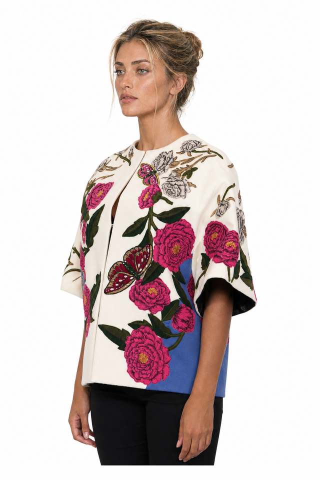 Valentino Floral & Butterfly Embroidered Double-Face Wool Cape-Jacket in Off-White & Cerulean Blue