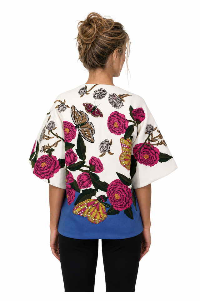 Valentino Floral & Butterfly Embroidered Double-Face Wool Cape-Jacket in Off-White & Cerulean Blue