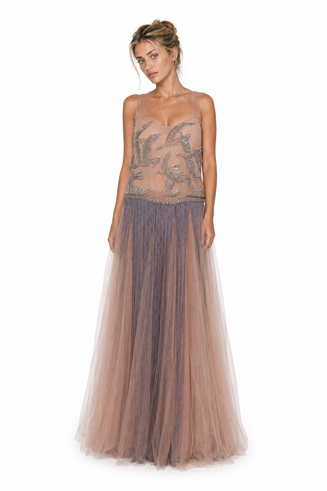 Valentino Bird-Embroidered Tulle & Pleated Fringe Drop-Waist Evening Gown in Dusty Rose & Mauve