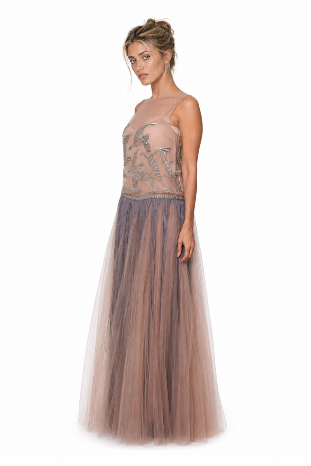 Valentino Bird-Embroidered Tulle & Pleated Fringe Drop-Waist Evening Gown in Dusty Rose & Mauve
