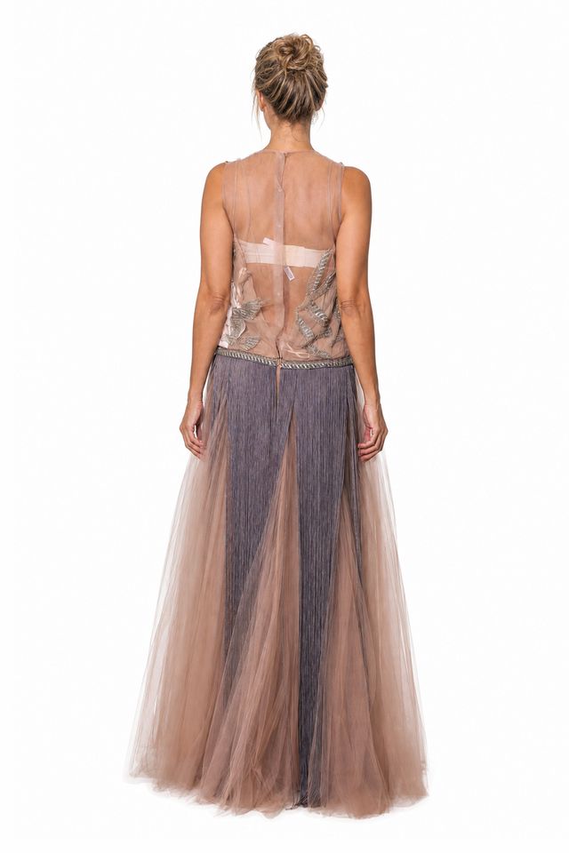 Valentino Bird-Embroidered Tulle & Pleated Fringe Drop-Waist Evening Gown in Dusty Rose & Mauve