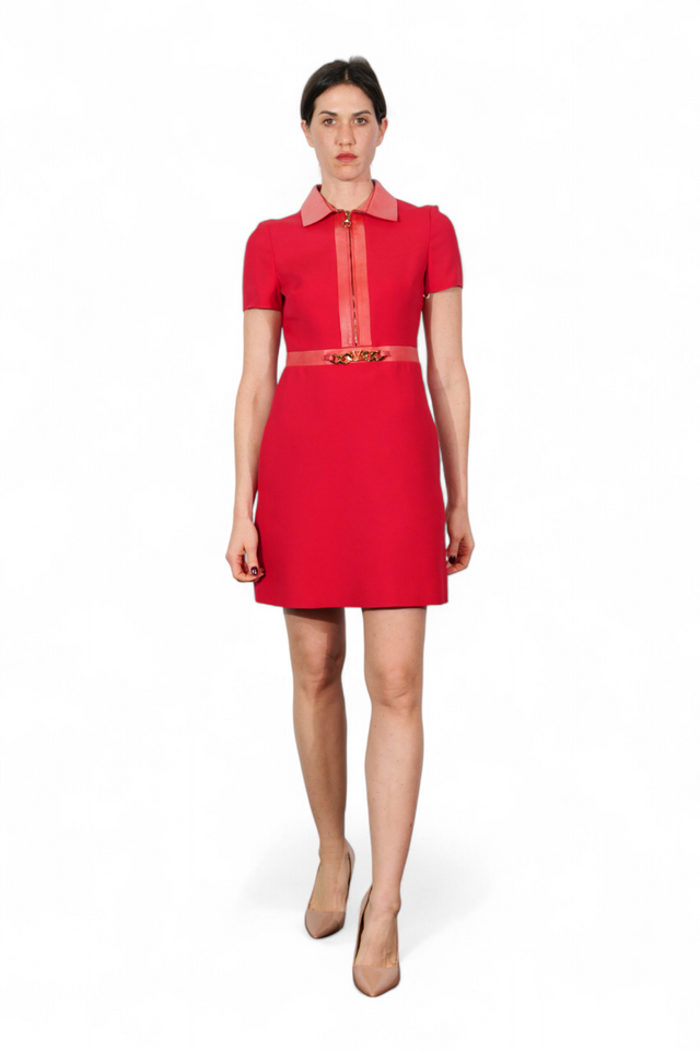 Valentino Wool Mini Dress with Leather Trim and Gold V Detail — Red