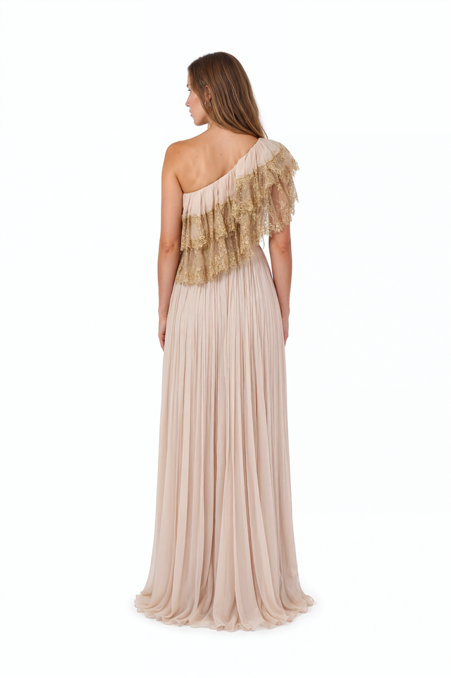 Back view of a Valentino blush one-shoulder gown showing the pleated chiffon skirt and gold lace trim