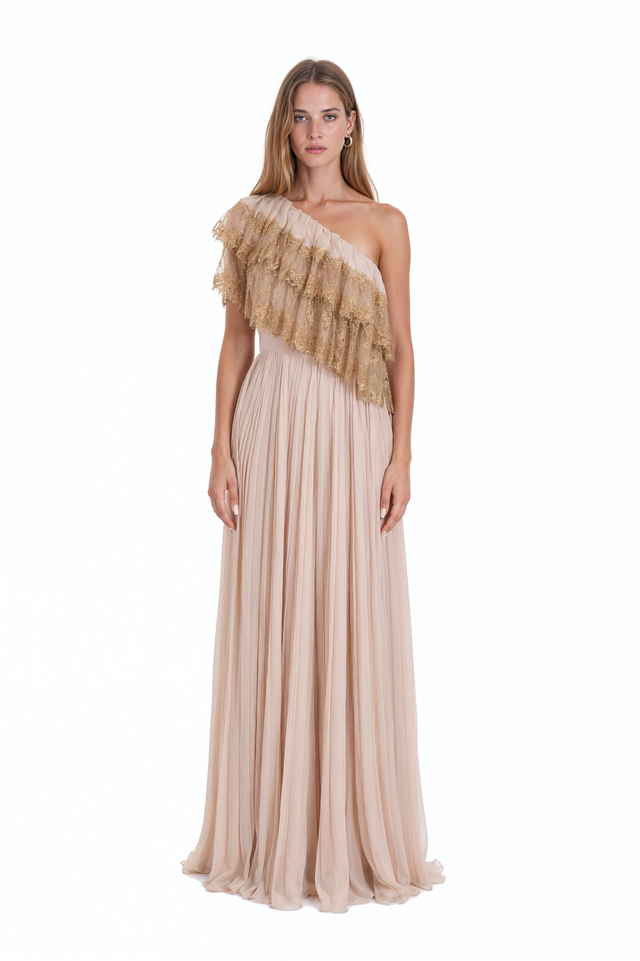 Valentino blush pleated chiffon gown with one-shoulder gold lace ruffle – front view