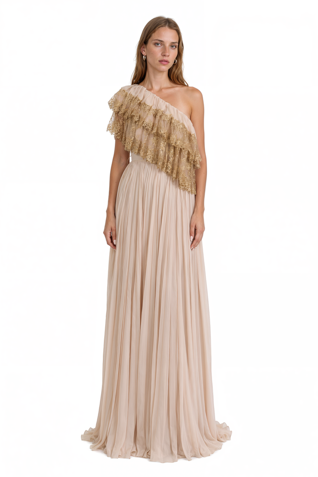 Valentino Gold Lace Ruffle One-Shoulder Gown – Blush Pleated Chiffon Maxi Dress