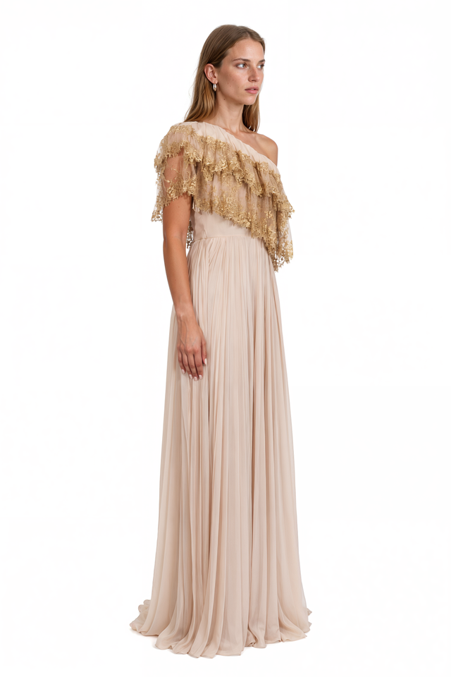 Valentino Gold Lace Ruffle One-Shoulder Gown – Blush Pleated Chiffon Maxi Dress