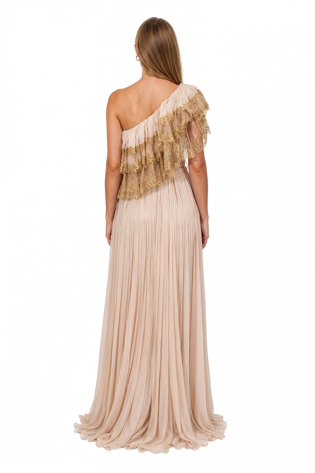 Valentino Gold Lace Ruffle One-Shoulder Gown – Blush Pleated Chiffon Maxi Dress
