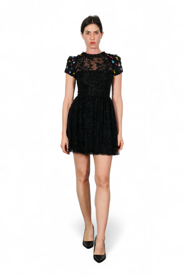 Valentino Sequin Embroidered Tulle Mini Dress — Black with Multicolor Details