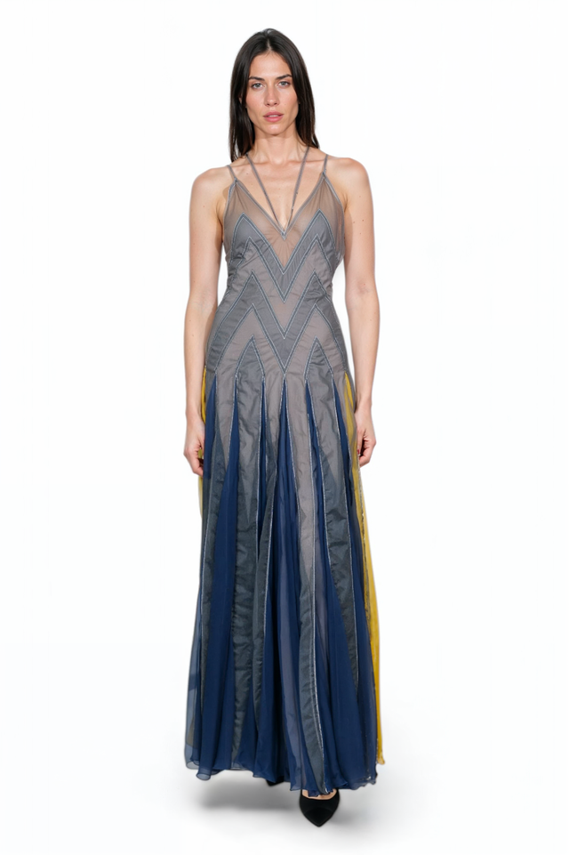 Valentino Chevron-Patterned Gown in Blue and Green