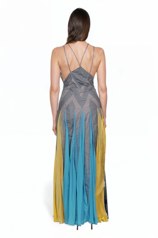 Valentino Chevron-Patterned Gown in Blue and Green