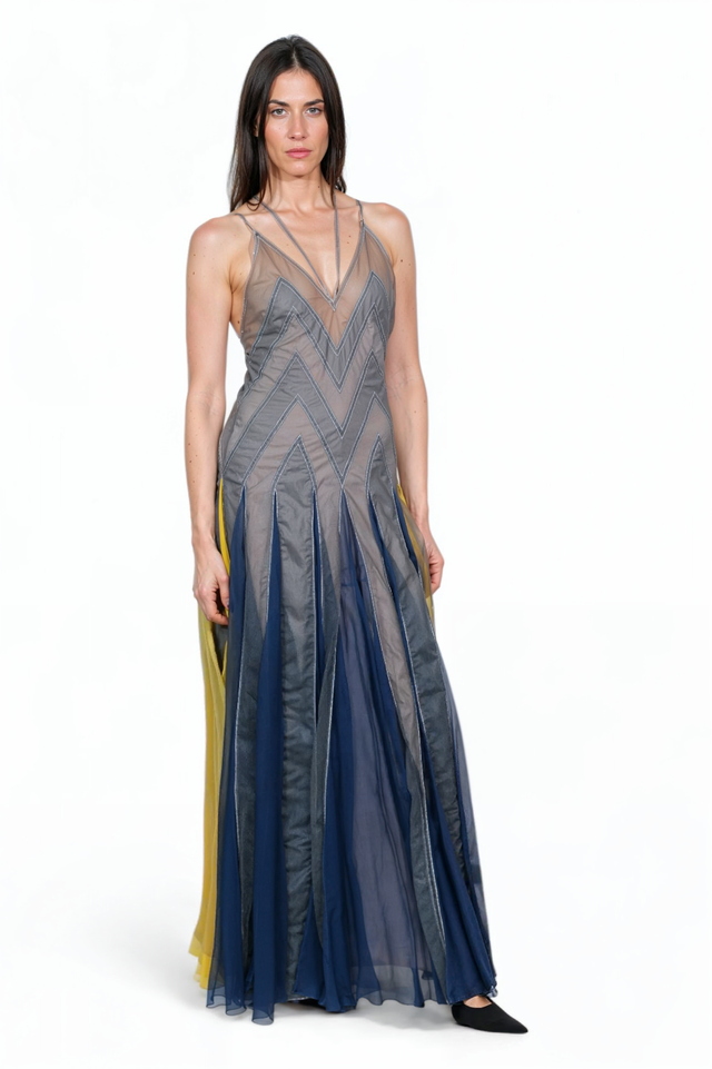 Valentino Chevron-Patterned Gown in Blue and Green